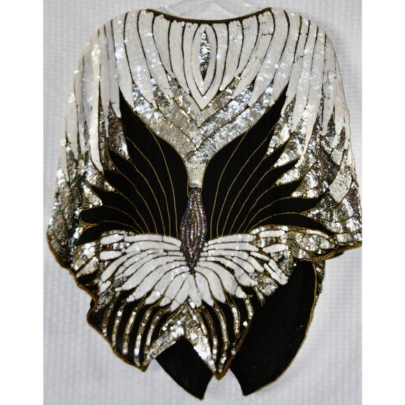 80s Lillie Rubin Evening Black White & Silver Sequins & Beads Butterfly Top - Picture 6 of 6